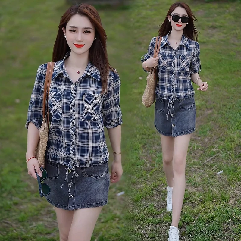 雪纺复古格子衬衫女2025春夏新款薄款宽松遮肚子显瘦衬衣百搭上衣