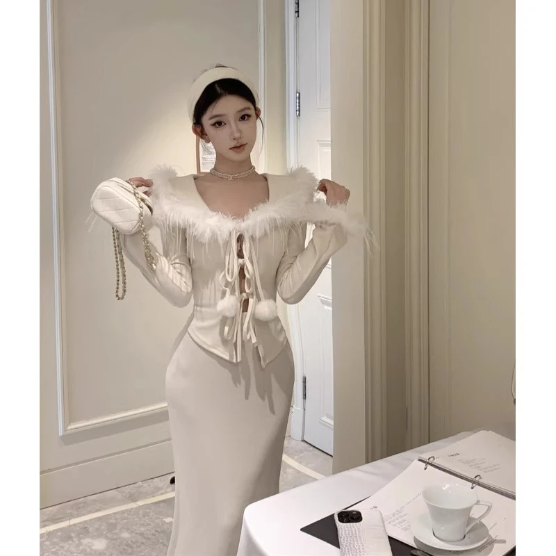 性感古早千金毛毛长袖打底衫上衣女秋冬高腰半身裙名媛气质套装裙