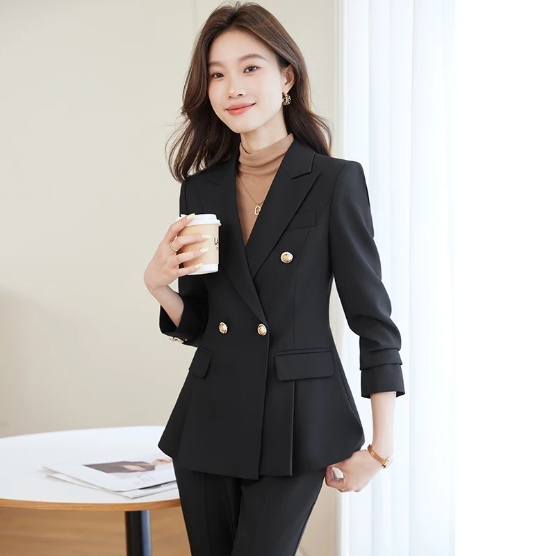 气质双排扣西服女正装时尚通勤西装套装秋冬季修身职业工服6908