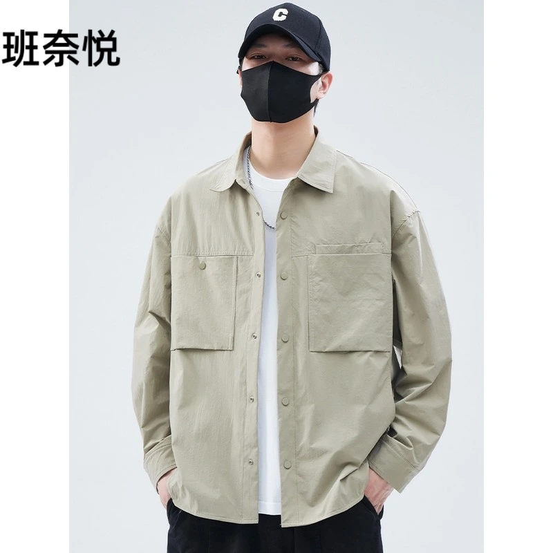 长袖衬衫男士春秋季2025薄款透气翻领工装休闲宽松衬衫外套男春装