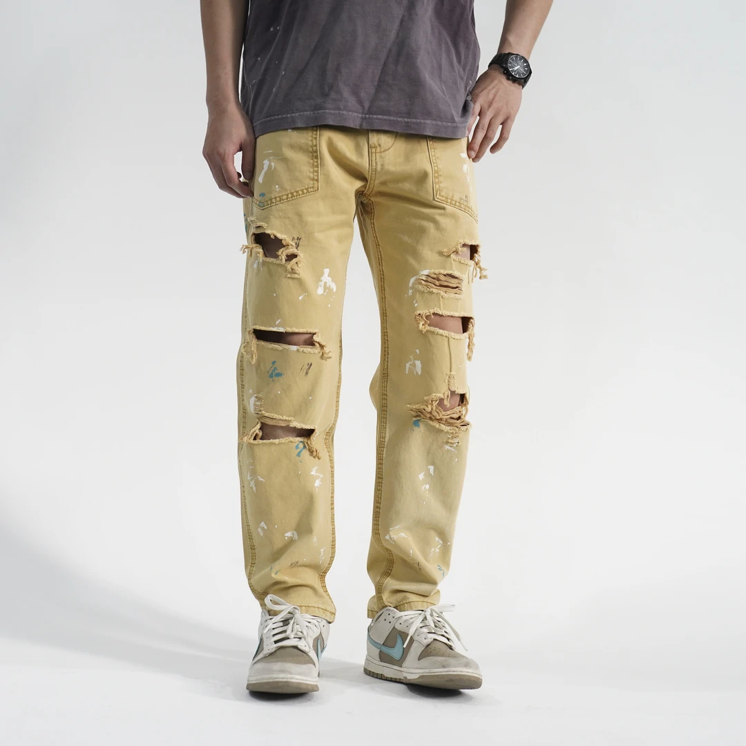 锥形卡其色5876美式破洞泼漆休闲户外小直筒长裤