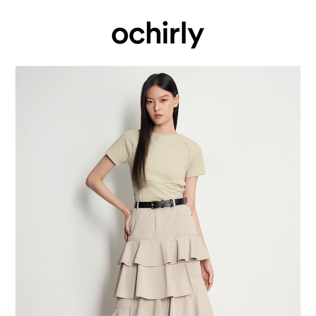 半无缝短款短袖针织衫女OCHIRLY欧时力新款春夏修身流光风