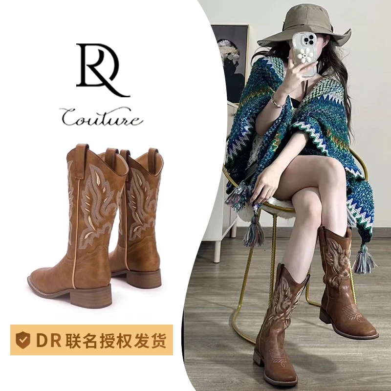 【DR官方正品】小众百搭粗跟中筒西部V口马丁靴女短靴复古骑士靴