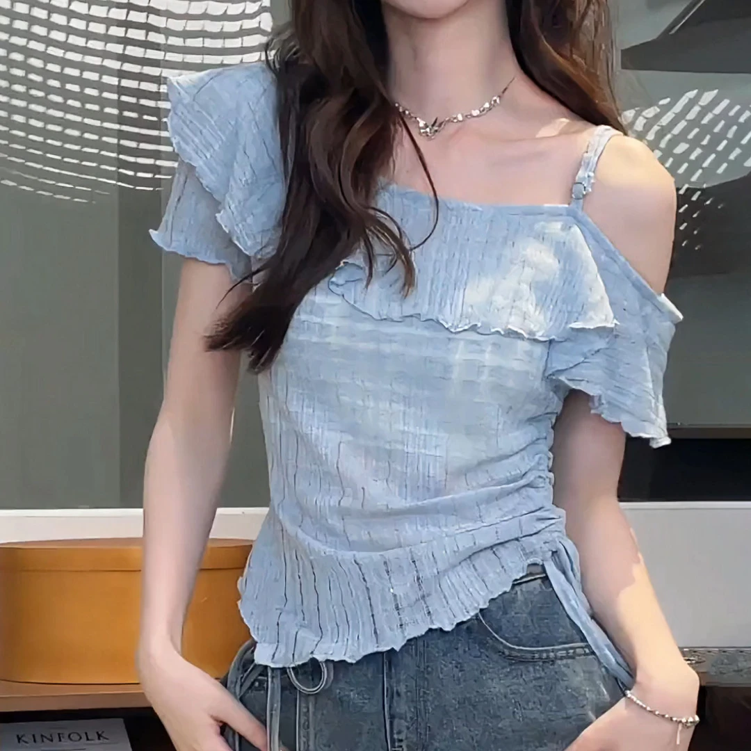 【8740】大码女装胖mm夏季甜美风荷叶边吊带斜肩短袖T恤显瘦上衣