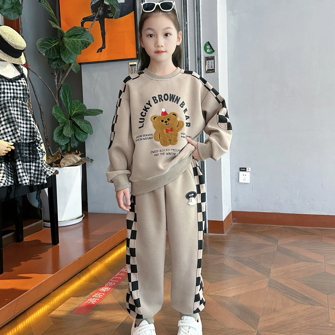 童装套装秋季新款韩版洋气男童女童同款童装潮范棋盘格卫衣两件套