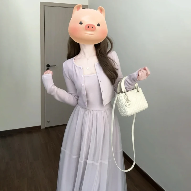 【现货+运补】早秋新款紫色吊带韩系氛围感穿搭仙女长裙套装4975