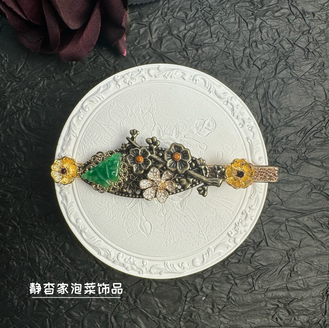 静杳家韩国进口手工绿色蝴蝶原石桂花鸭嘴夹侧边夹复古古典