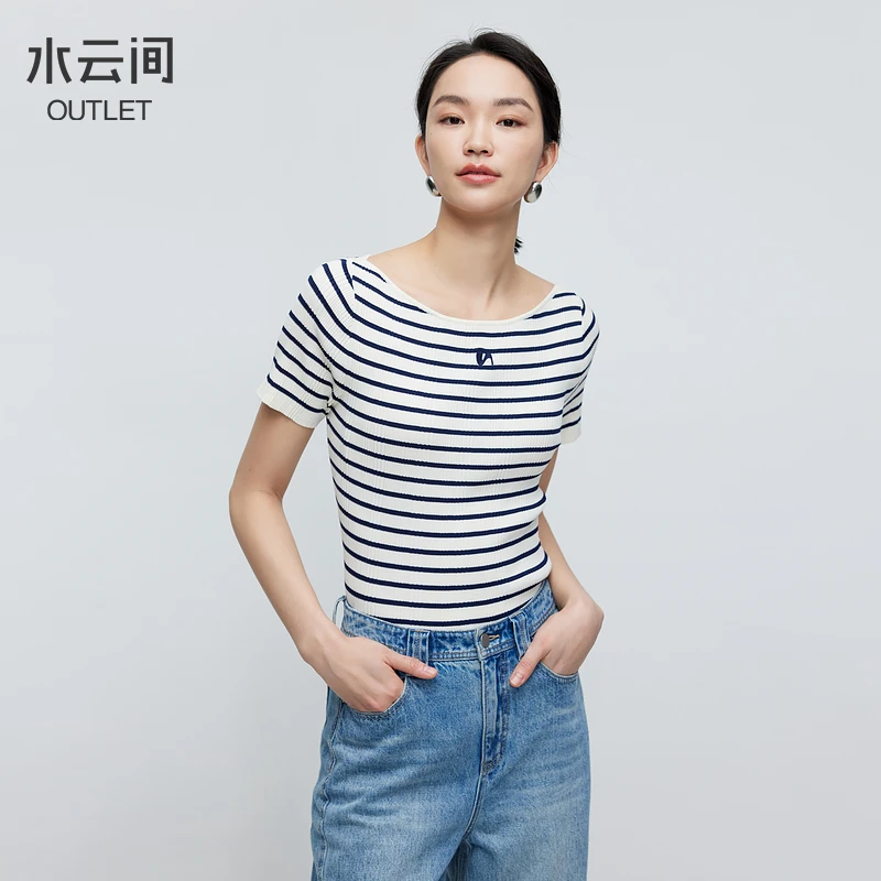 水云间修身短袖T恤毛针织衫女圆领薄款条纹上衣显瘦2025夏季新款