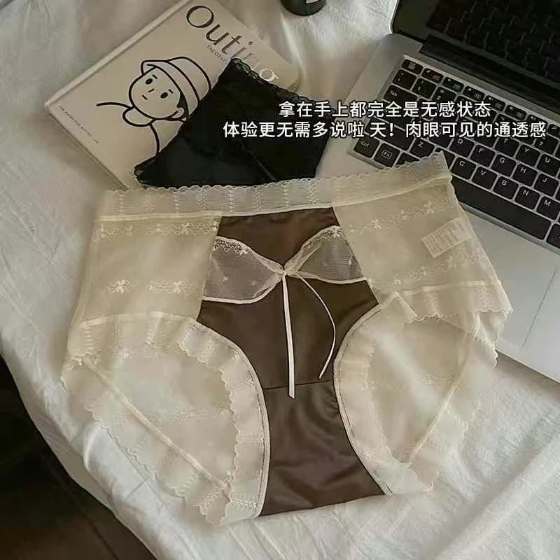 女士雷丝中腰小内裤缎面网纱 柔软亲肤透气