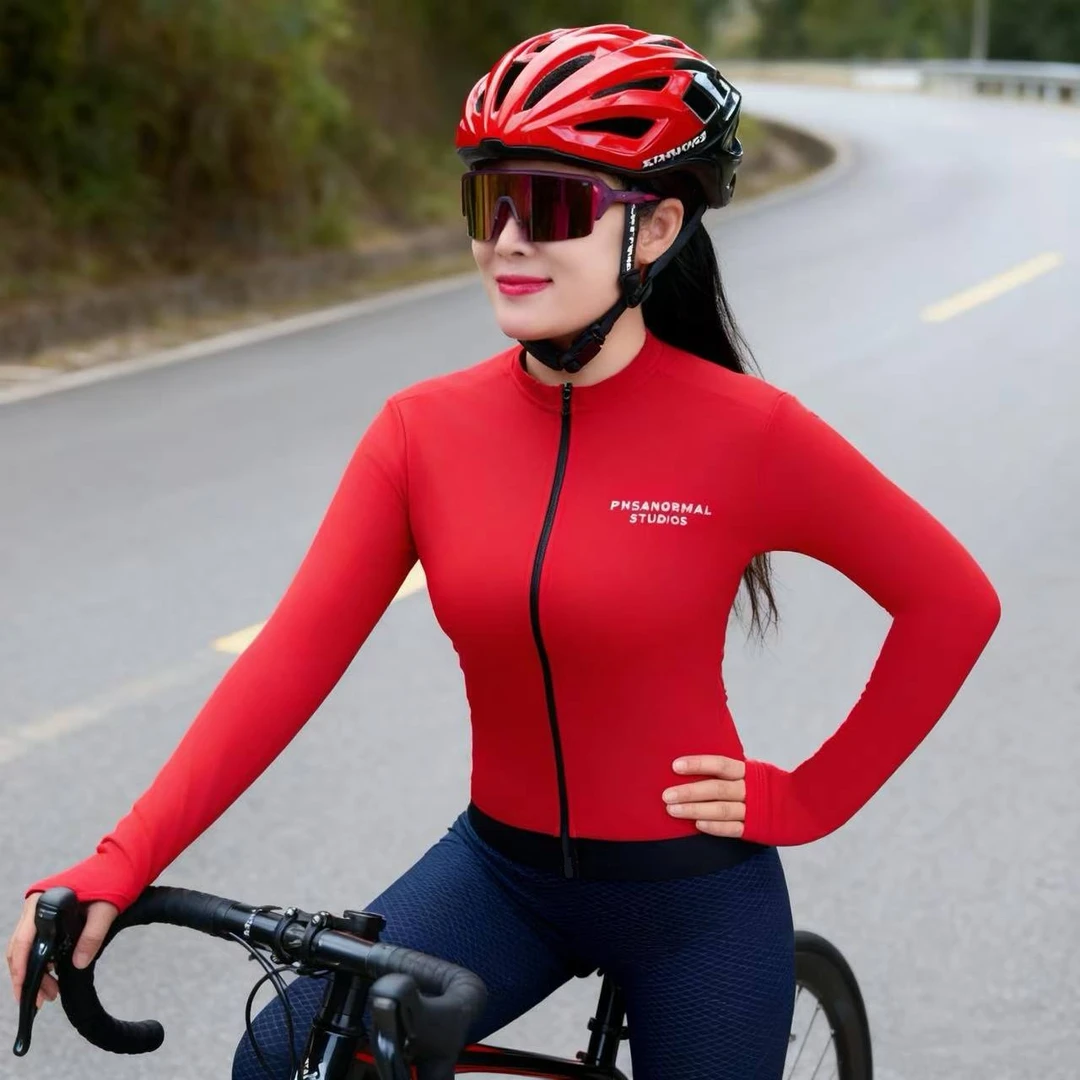 2025秋冬季纯色系男女同款高弹加绒长袖骑行服公路自行车骑行装备