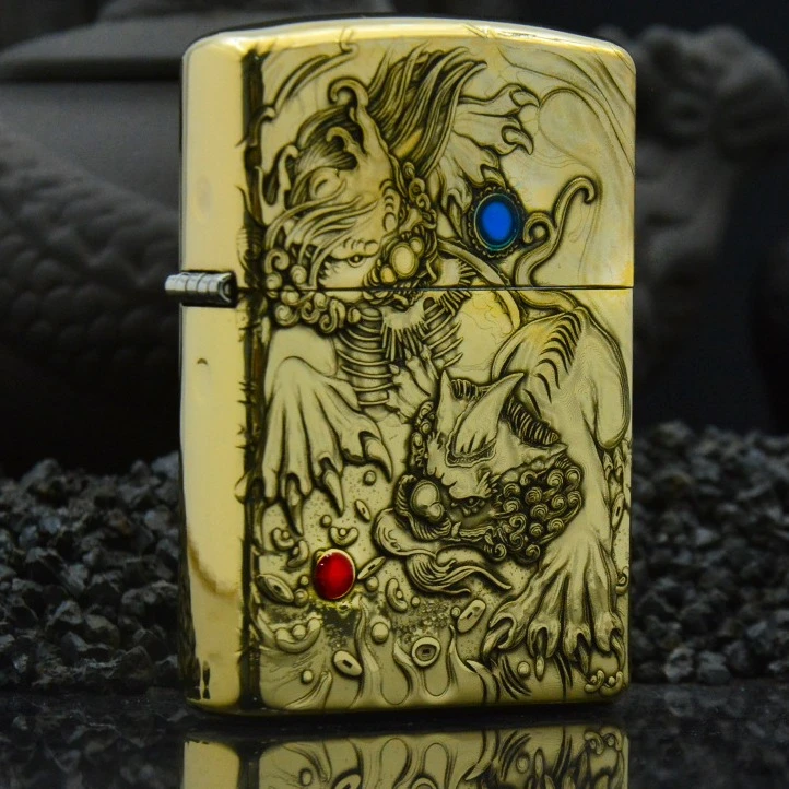 古银防风打火机煤油黄铜浮雕雌雄貔貅煤油打火机福运祥云国风打火