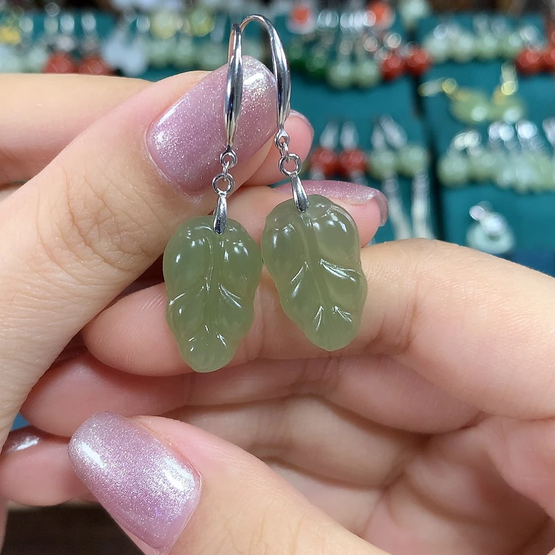 和田玉银S925镶嵌耳饰金枝玉叶