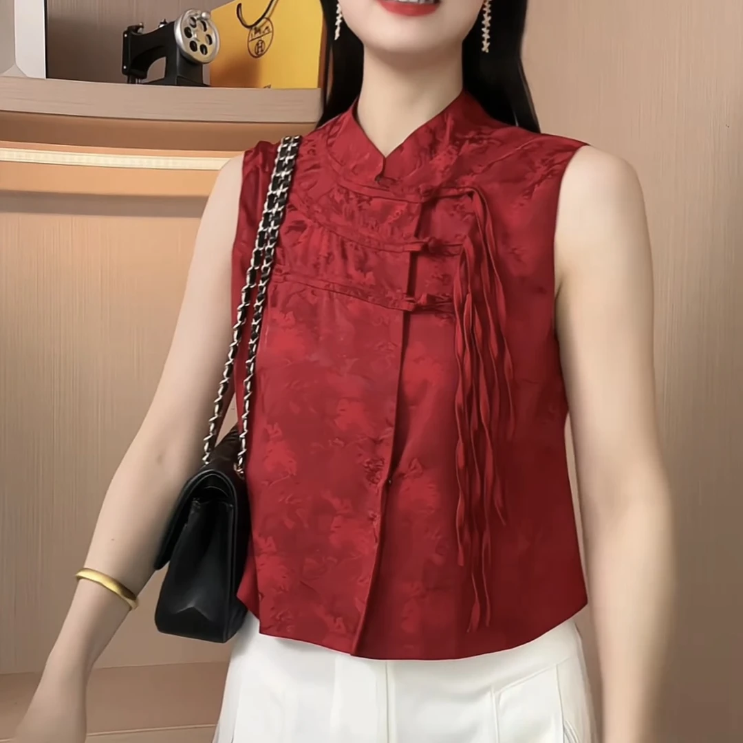 国风上衣宽松型短款复古印花马夹提花时尚新中式夏季无袖清凉感