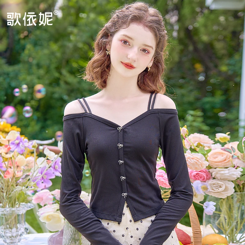 歌依妮秋季新款女甜美黑色露肩修身显瘦短款打底衫长袖T恤衫上衣