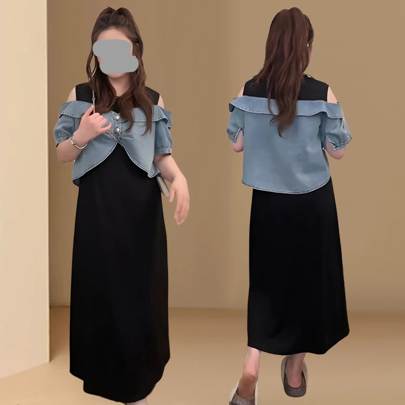 牛仔拼接假两件连衣裙女夏季2025新款设计感洋气减龄宽松休闲长裙