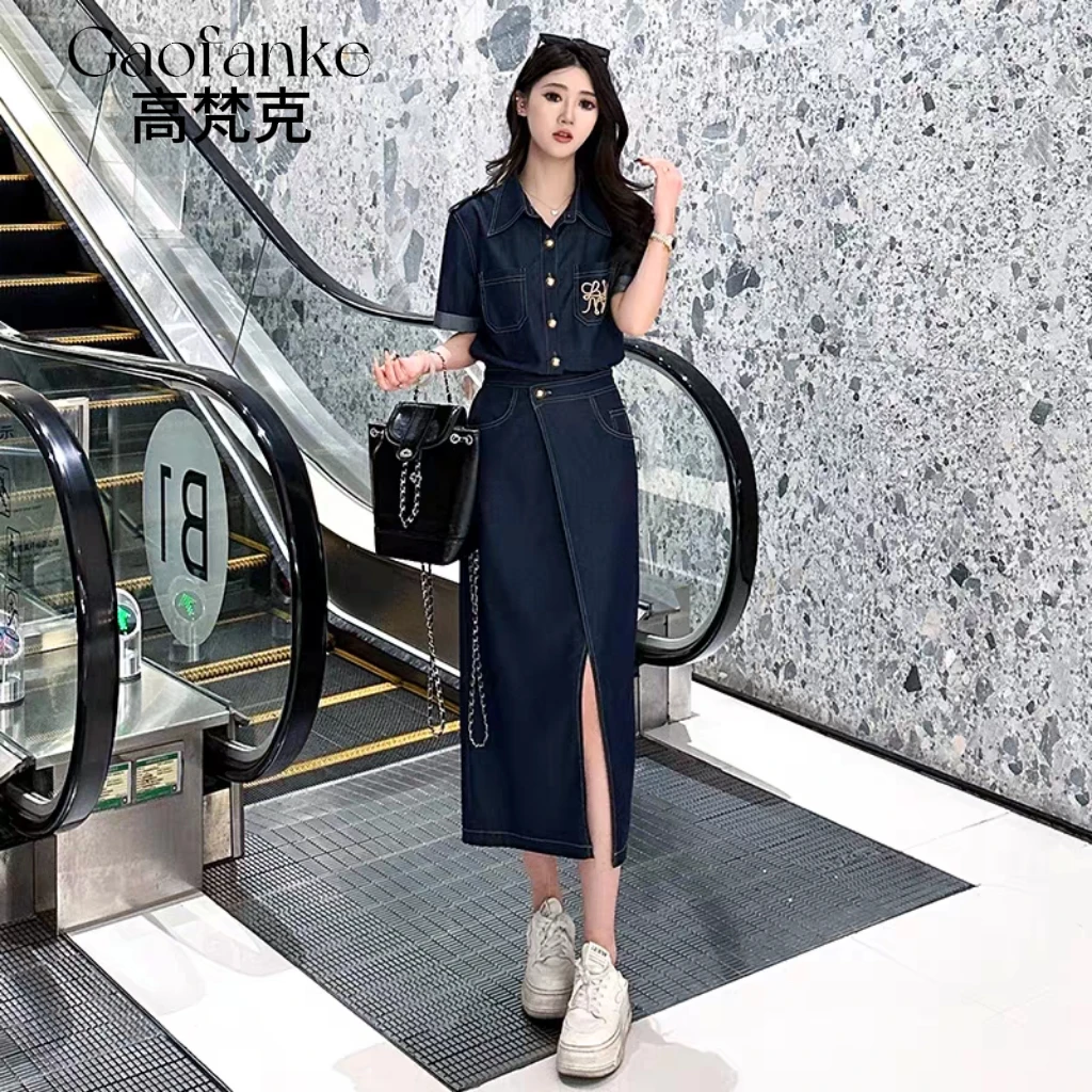 X3117  港风复古牛仔连衣裙女夏季新款气质收腰开叉长裙 |25520