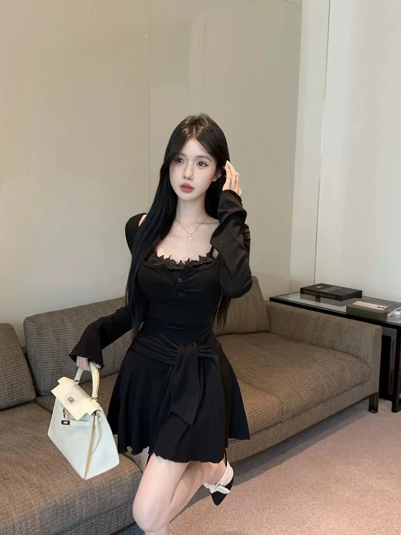 纯欲慵懒风裙子小众炸街高级感女装长袖连衣裙辣妹短裙高腰裙纯色