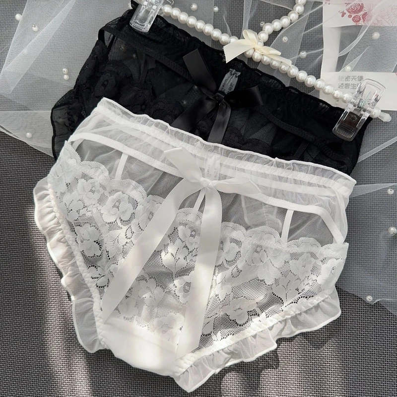 【蕾丝蝴蝶结镂空内裤】轻奢高腰大码甜美透气舒适女士三角裤-1604