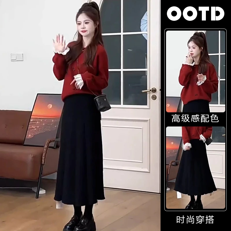 网红炸街套装女春秋2025新款红色针织毛衣女百搭半身裙显瘦两件套