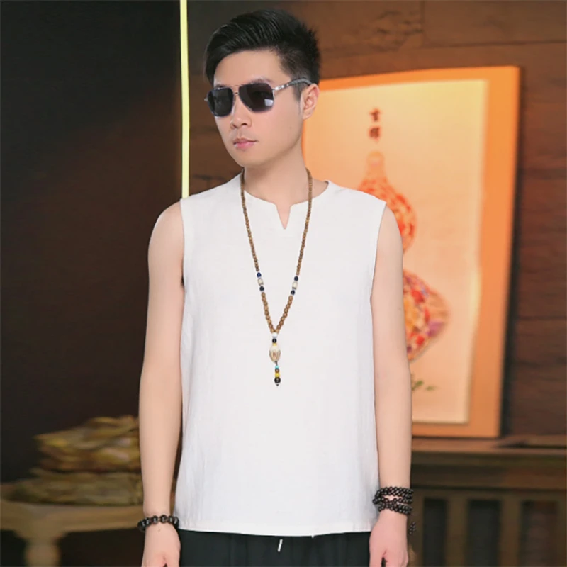 亚麻男士短袖中国风百搭马甲背心中青年夏款高透气纯色休闲套装