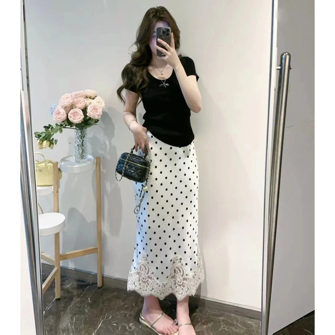 【W3972】夏季针织百搭黑色短袖上衣高腰波点半裙气质时尚套装