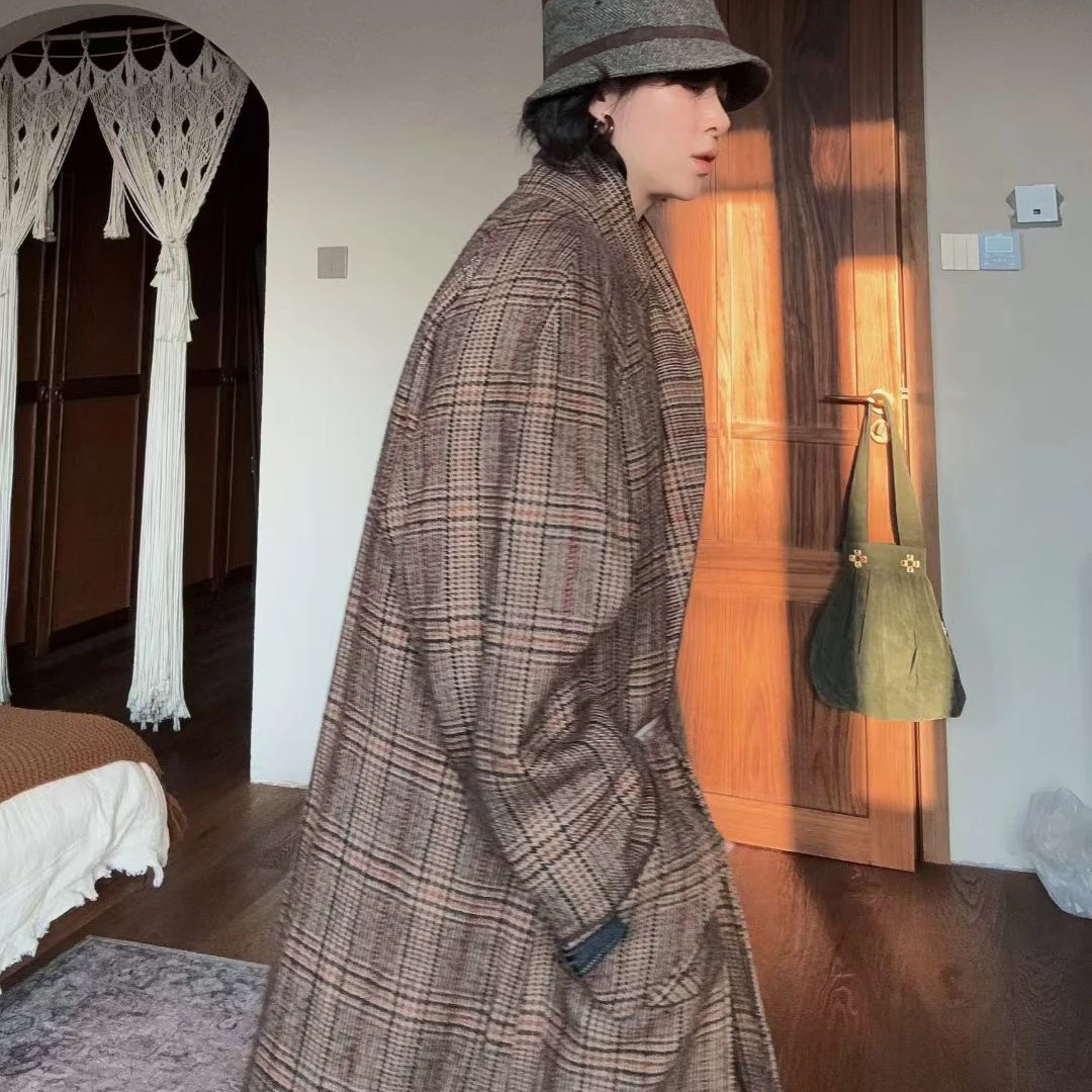 bbr/立领咖色格纹大衣外套