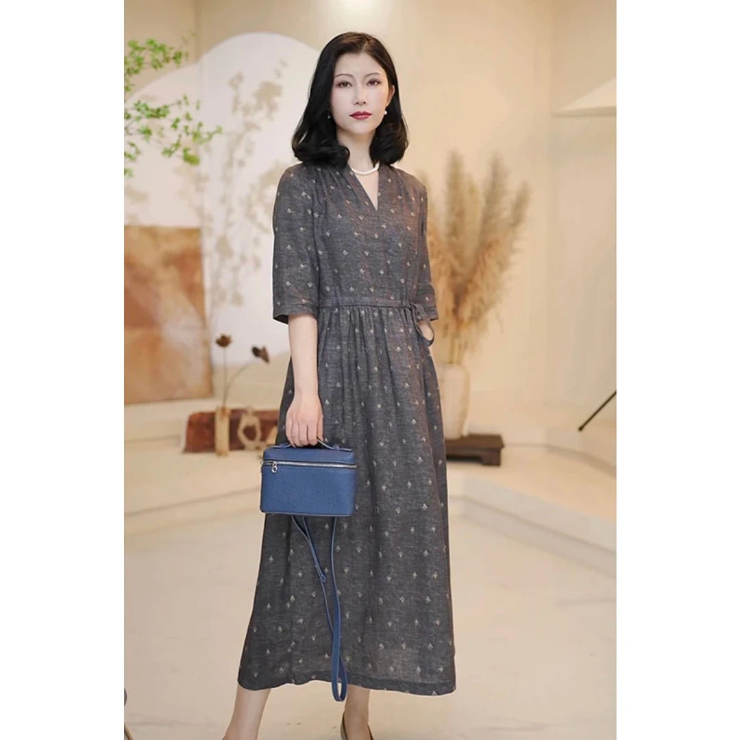 原形经典V领优雅碎花连衣裙宽松中长款裙子2025新款气质连衣裙