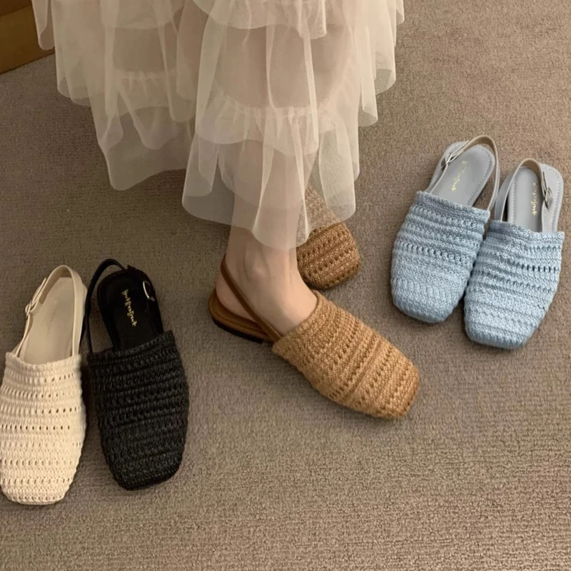 粗跟浅口草编包头后空凉鞋女鞋子2025夏季新款平底一字带凉单鞋
