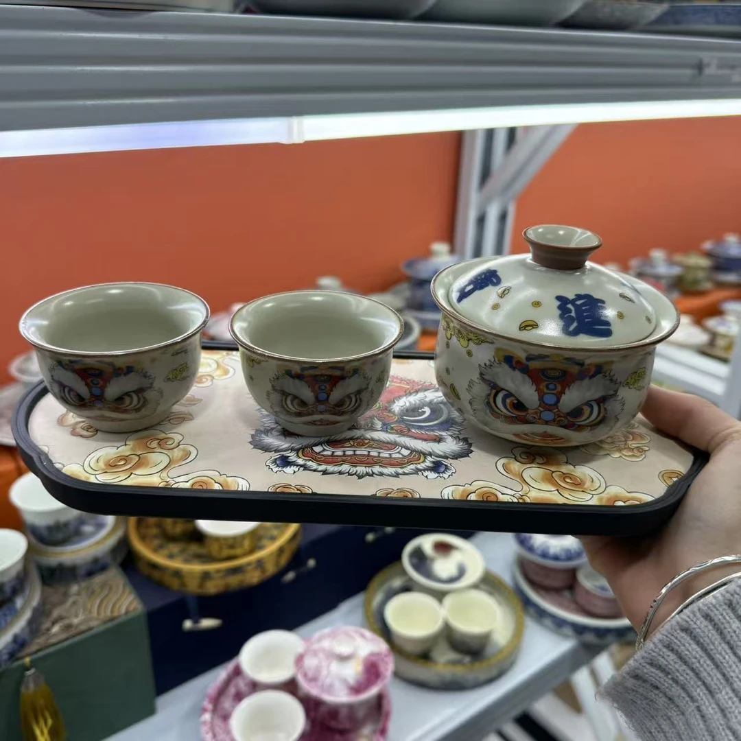 汝窑国潮醒狮布袋三才盖碗悬停旋转茶杯泡茶高档功夫陶瓷茶具0989