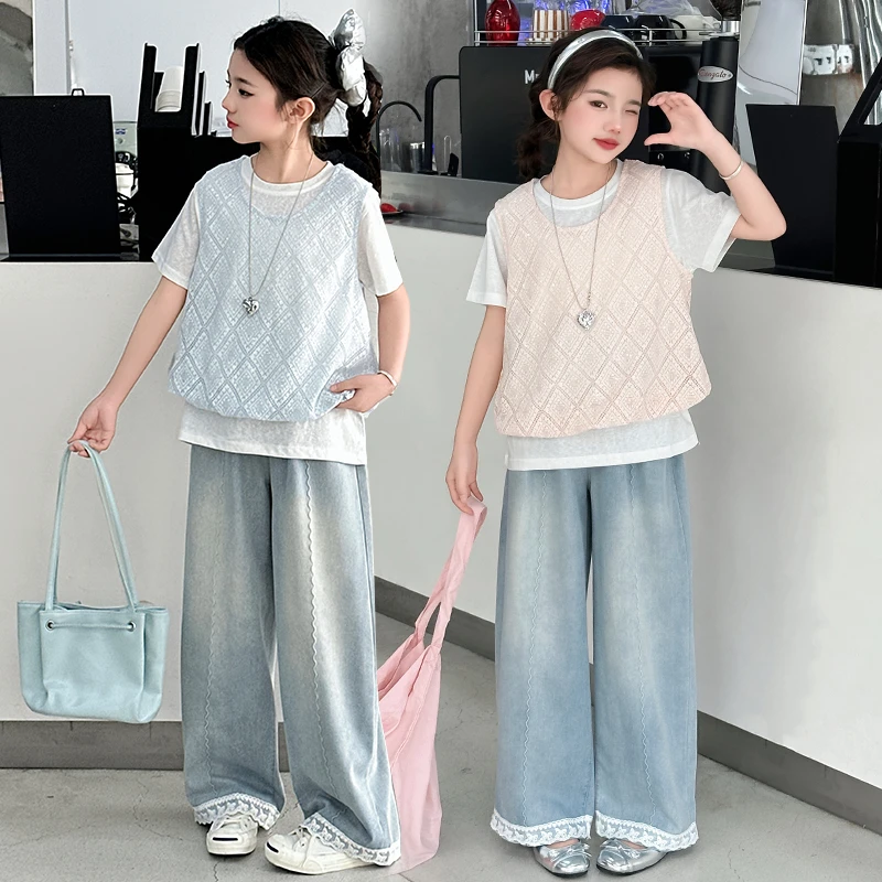 女童套装夏款时髦马甲小女孩中大童韩版潮洋气休闲短袖三件套儿童