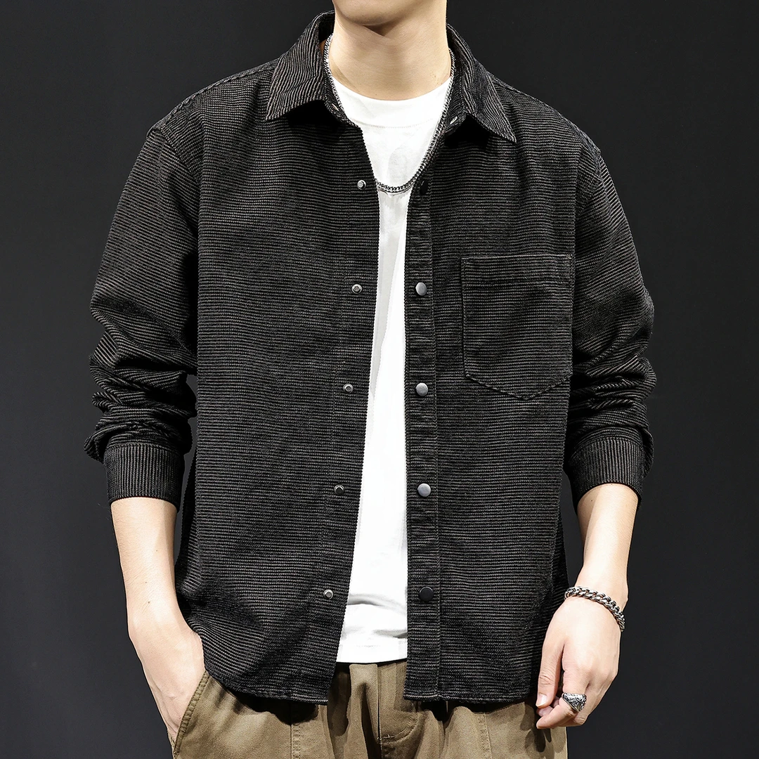 MR.MUDI/穆迪先生雪尼尔条纹衬衫男秋季休闲工装衬衣男士外套长袖