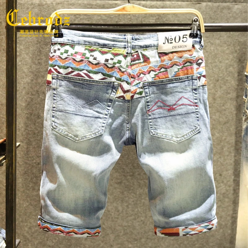 法国Cebrodz夏季ins刺绣牛仔短裤男直筒修身五分裤破洞百搭中裤