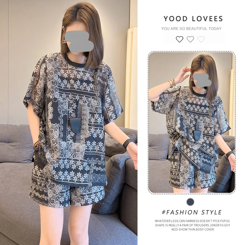 时尚短裤套装女夏季新款宽松复古印花短袖上衣+阔腿裤休闲两件套