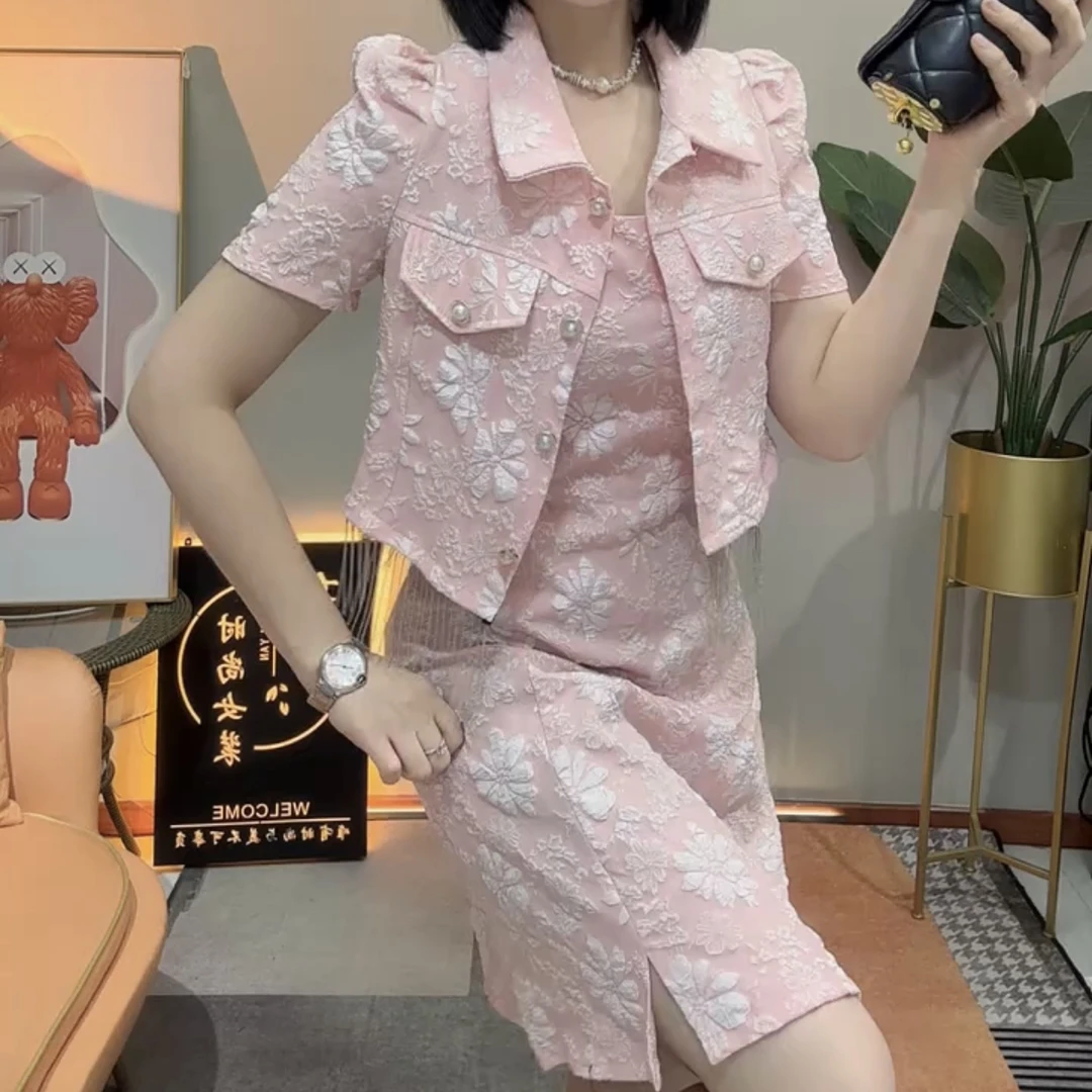 新款提花短袖流苏外套搭配连衣裙套装两件套