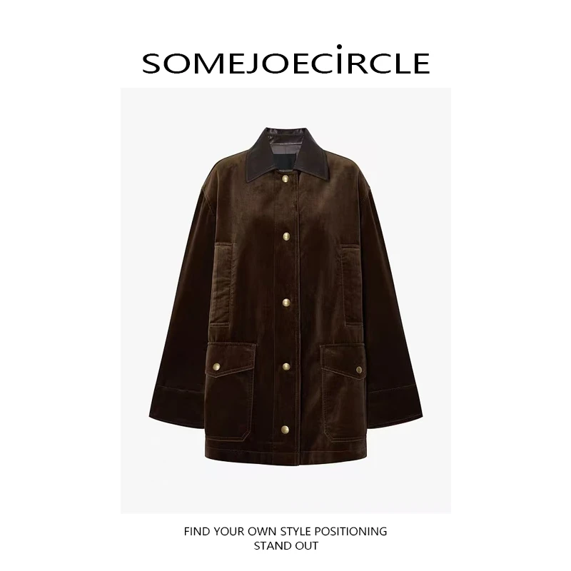 SOMEJOECIRCLE【M】25新品棕绒素皮拼接廓形工装夹克外套K7364