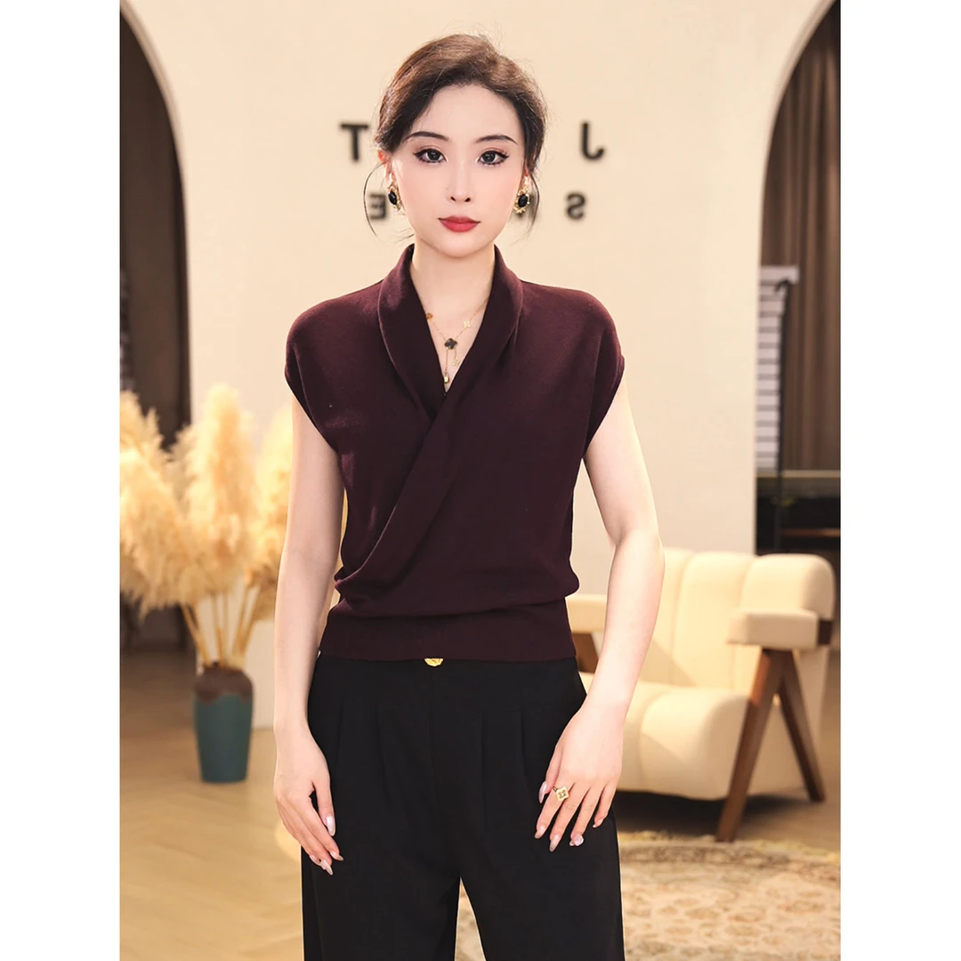 2025夏新款【7546】莱赛尔天丝上衣短袖女装紫色设计感凉快透气v领