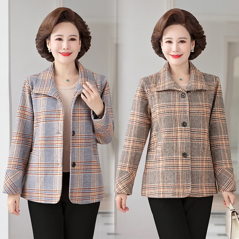 中年妈妈装外套春秋新款格子西装洋气时尚中老年女装春装西服上衣