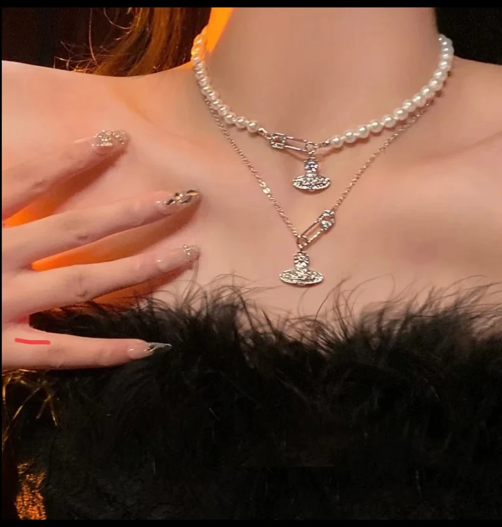合金项链 日韩时尚气质ins满钻坠链珠珠别针土星女锁骨链合金百搭