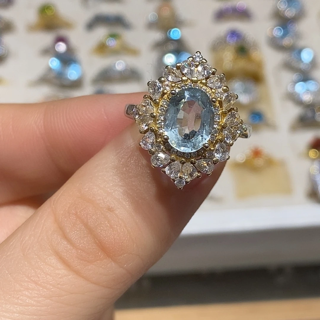 银S925镶嵌海蓝宝石戒圈