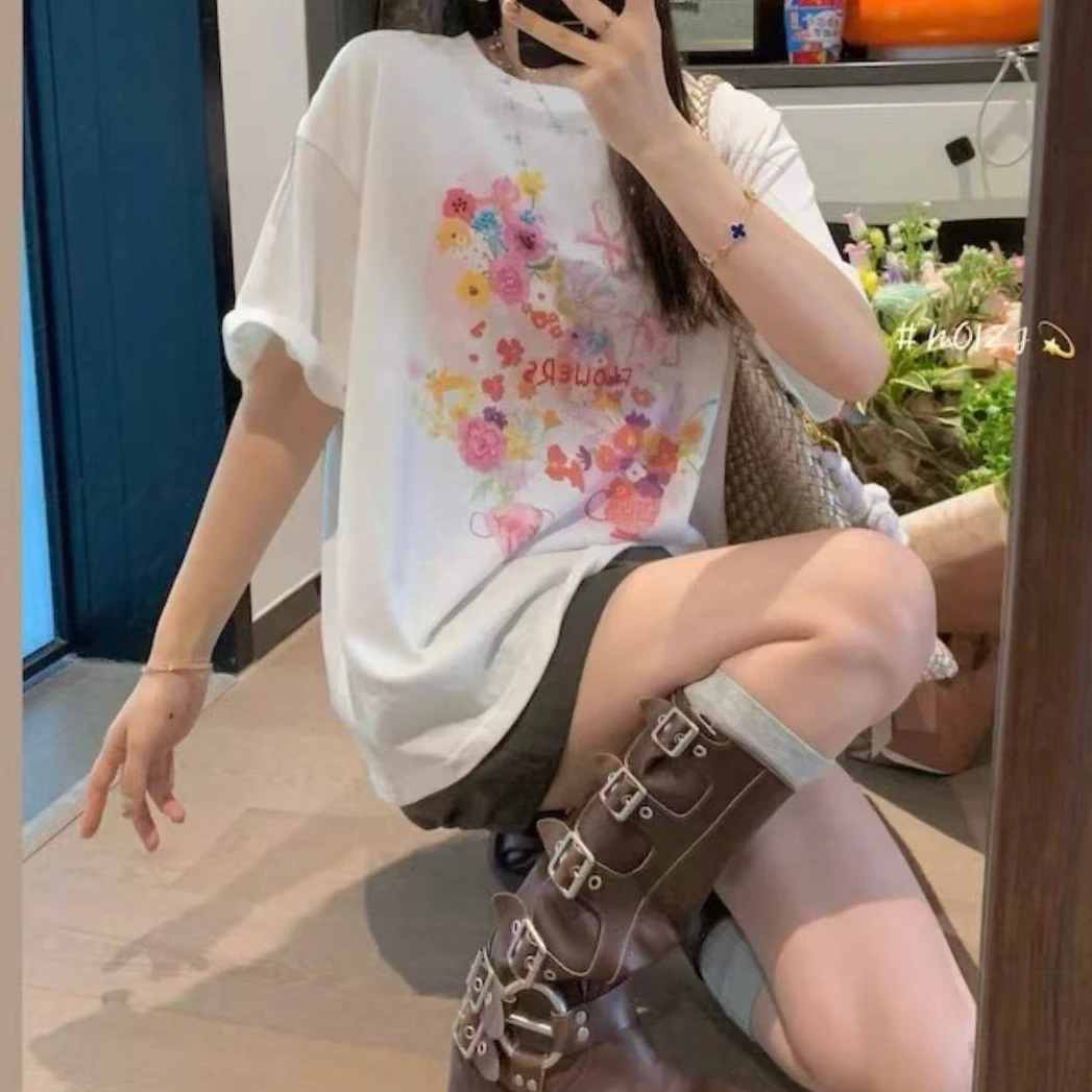 FUJIA STYLE新款韩版简约拼色花朵短袖T恤T052912