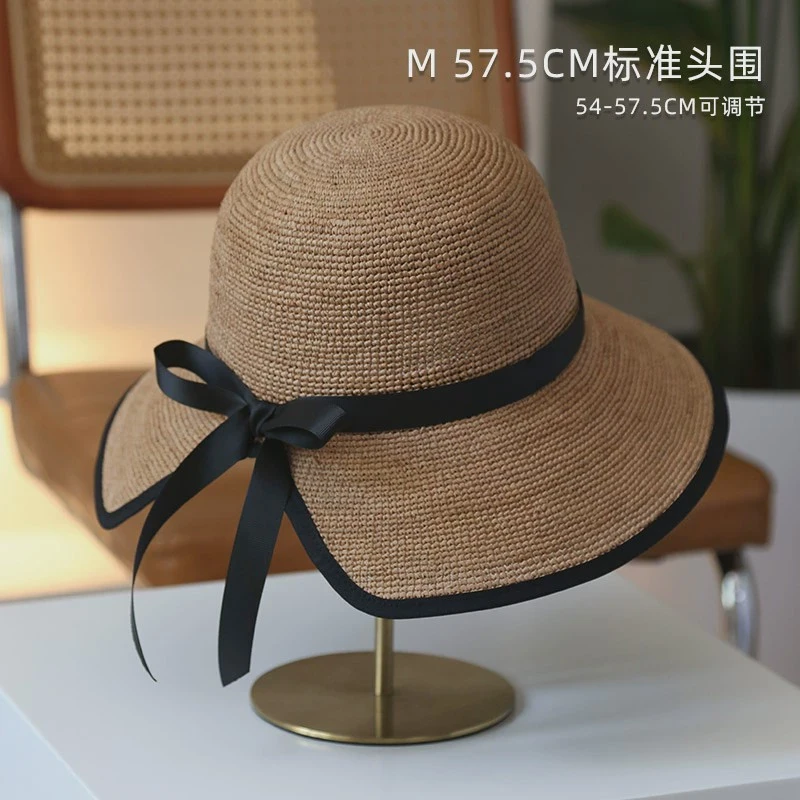 赫本风拉菲草帽子女夏韩版出游遮阳帽海边度假大檐沙滩帽有大头围