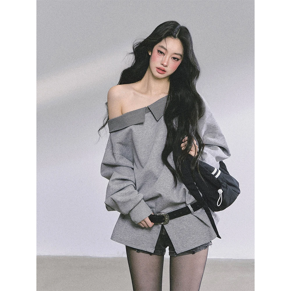 少也眼智性巴尔曼%高级感美式斜肩格子卫衣女秋宽松显瘦灰色上衣