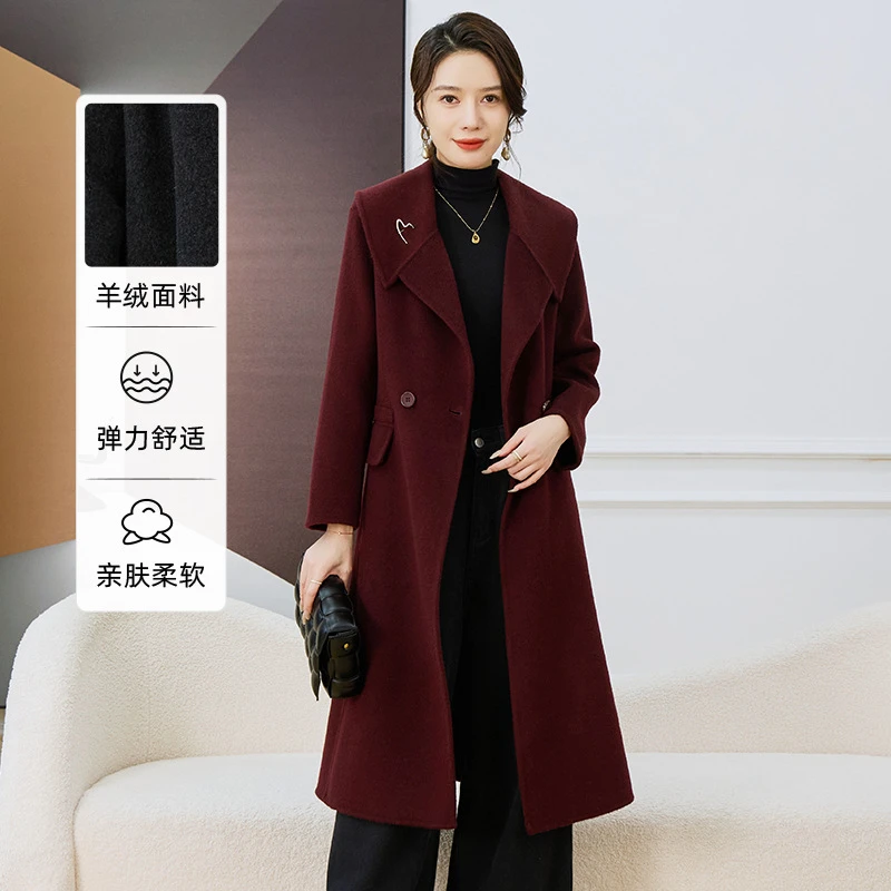 中长款格子西装毛呢外套女秋冬季新款红色高级感气质呢子大衣羊绒