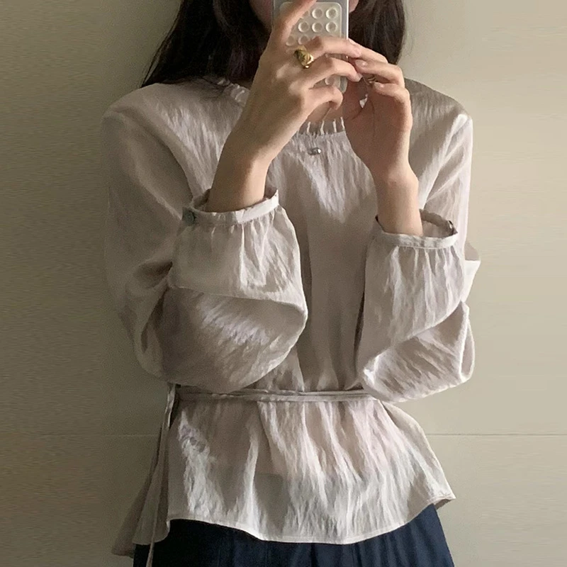 【泡菜】-正反可穿简约复古温柔知性气质系带长袖衬衫