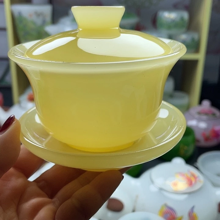 琉璃手工艺品玉瓷琉璃盖碗鸡油黄