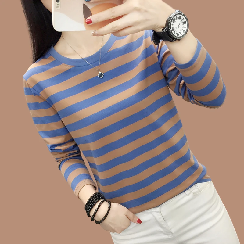 棉质长袖t恤女2025新款秋装上衣大码宽松条纹气质妈妈圆领打底衫
