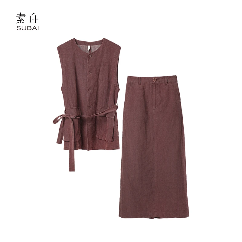 素白【焦糖，日记】P00946干洗亚麻复古宽松无袖系带半裙套装