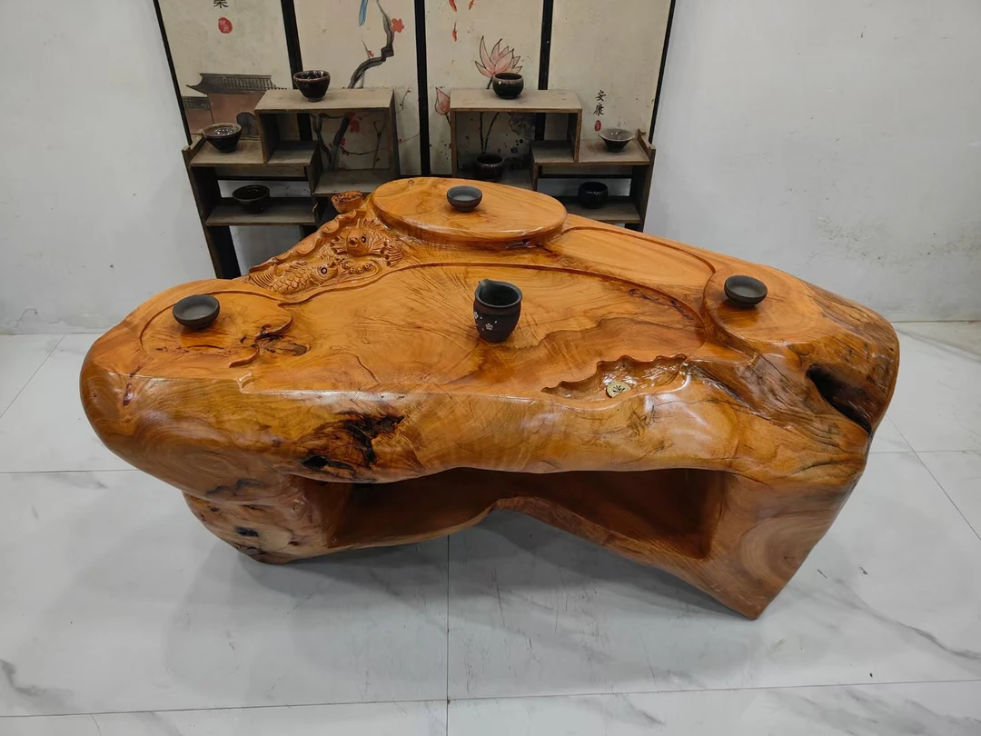 D2838香樟木整体根雕茶台阳台客厅家用茶几年年有鱼132-70-63厘米