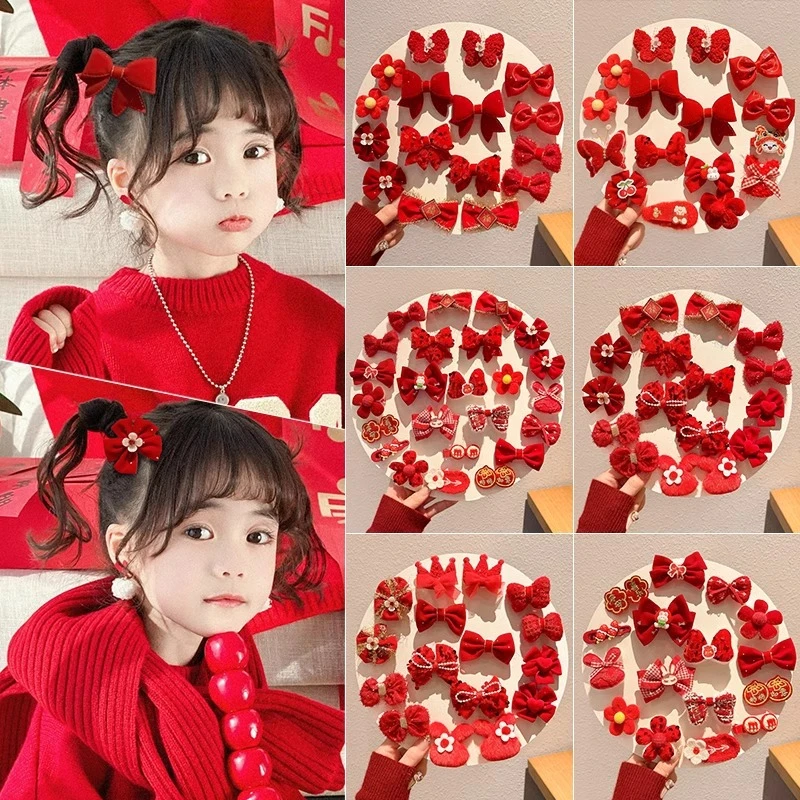 新年儿童发夹发饰八件套女童汉服流苏蝴蝶结发卡宝宝红色拜年头饰