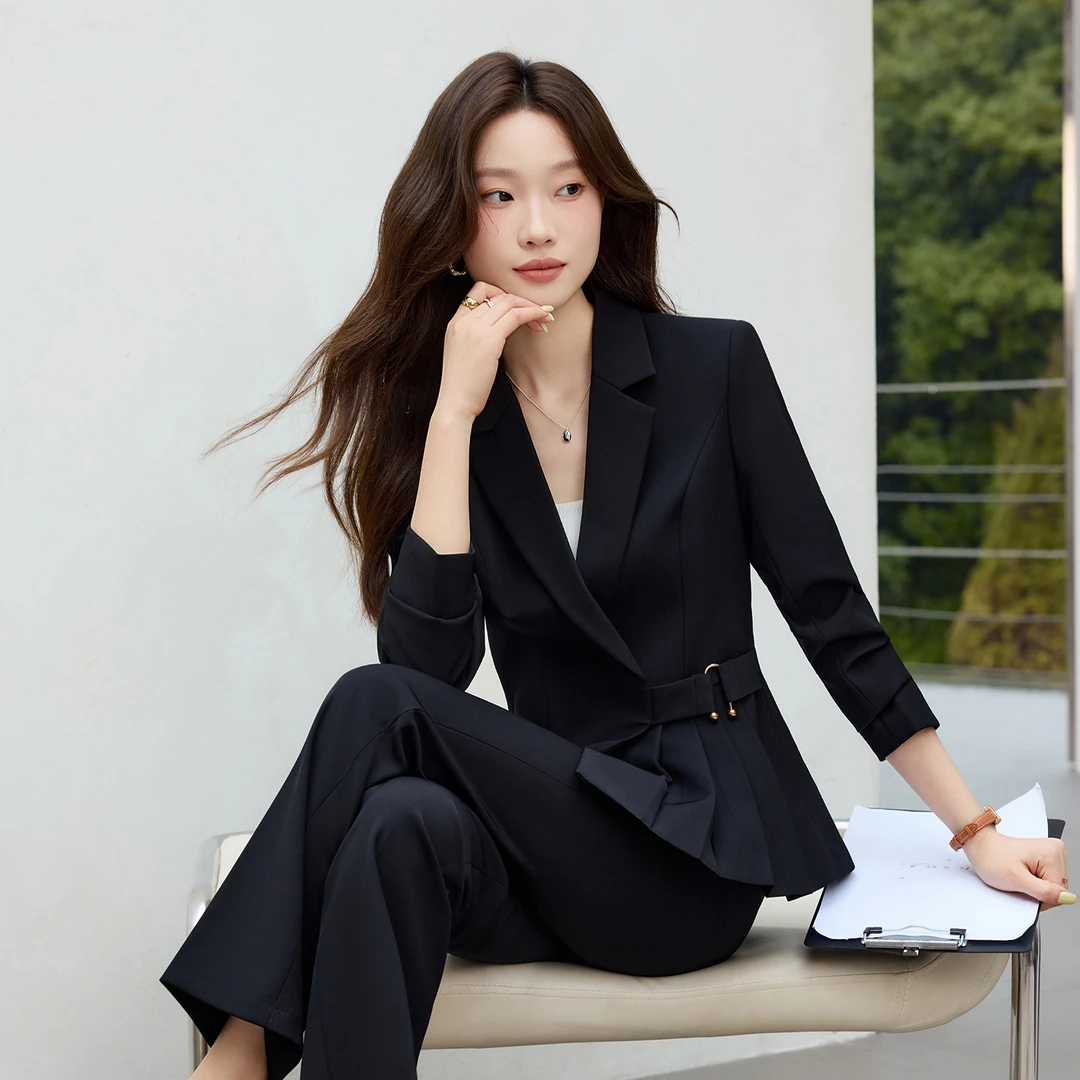 春秋西装套装女新款职业装修身显瘦气质百搭褶皱设计感西服两件套